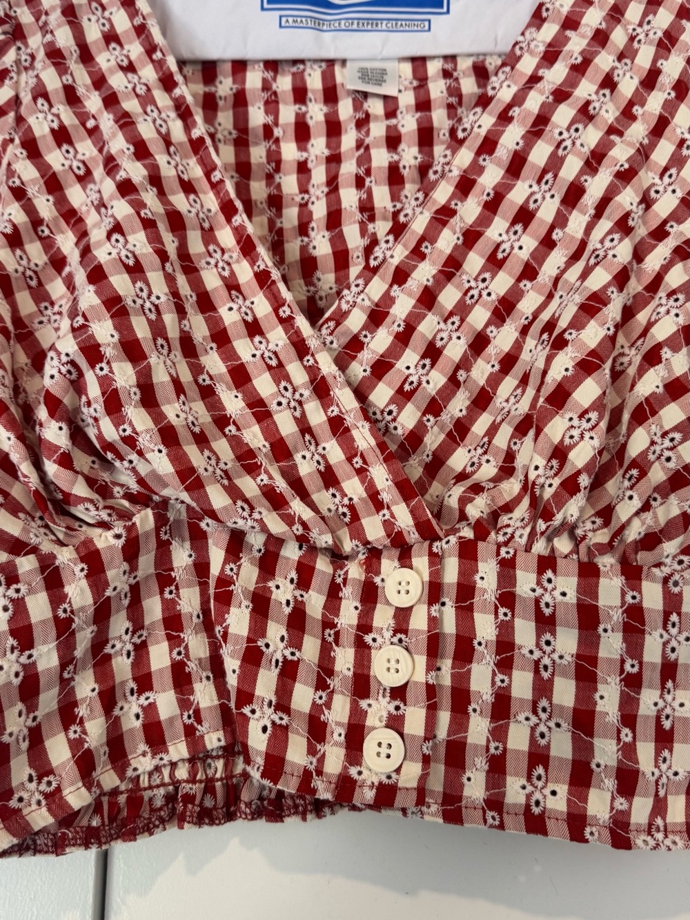 CLOSET CLEAN OUT: Red Gingham Crop Wrap Top with Button Front - Picture 2 of 5